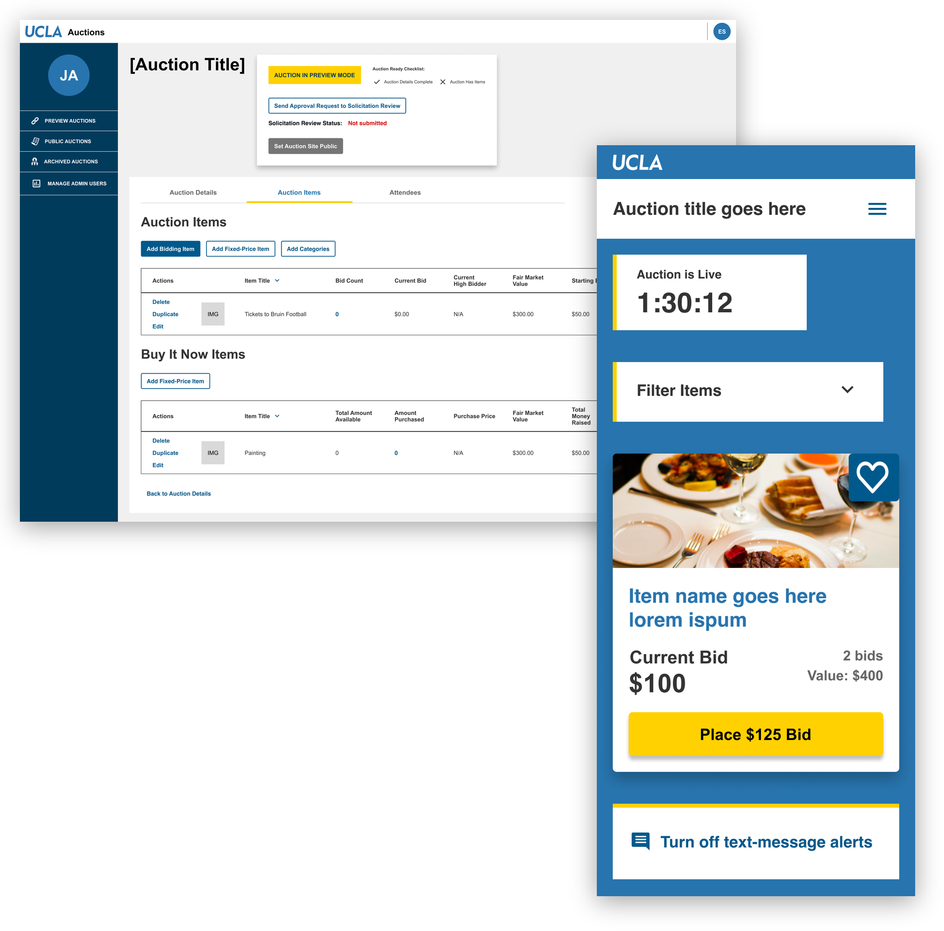 UCLA Auctions screenshots showing the admin auction-items manager and the mobile bidding page