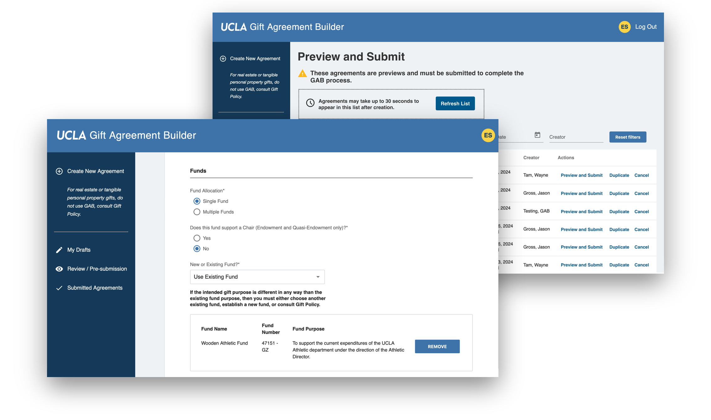 Gift Agreement Builder screenshots showing the fund allocation form and the Preview and Submit dashboard