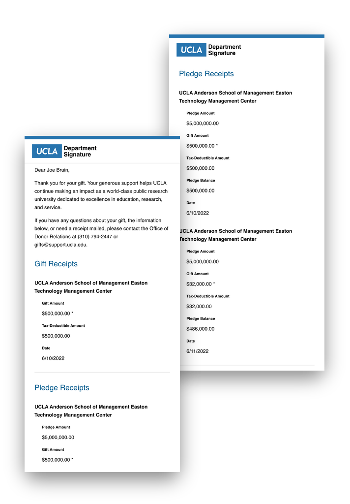 UCLA email receipt screenshots showing gift and pledge receipts